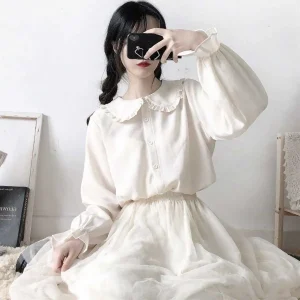 Peter Pan Collar Sweet Shirt Women Lolita Japanese Kawaii Blouse Puff Long Sleeve Elegant White Female Top Basic School Shirts