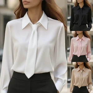 Women's Solid Color Satin Tie Long Sleeve Casual Shirt Work Shirt Blouse Plain Modern Casual Long Sleeve Shirt