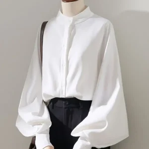 Spring New Style Lantern Sleeve White Shirt Women Long-sleeved Grinding Top Korean Style Loose Stand Collar Puff Sleeve Cardigan