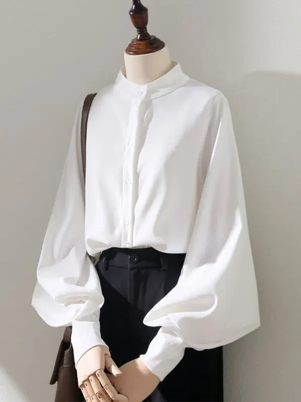 Spring New Style Lantern Sleeve White Shirt Women Long-sleeved Grinding Top Korean Style Loose Stand Collar Puff Sleeve Cardigan