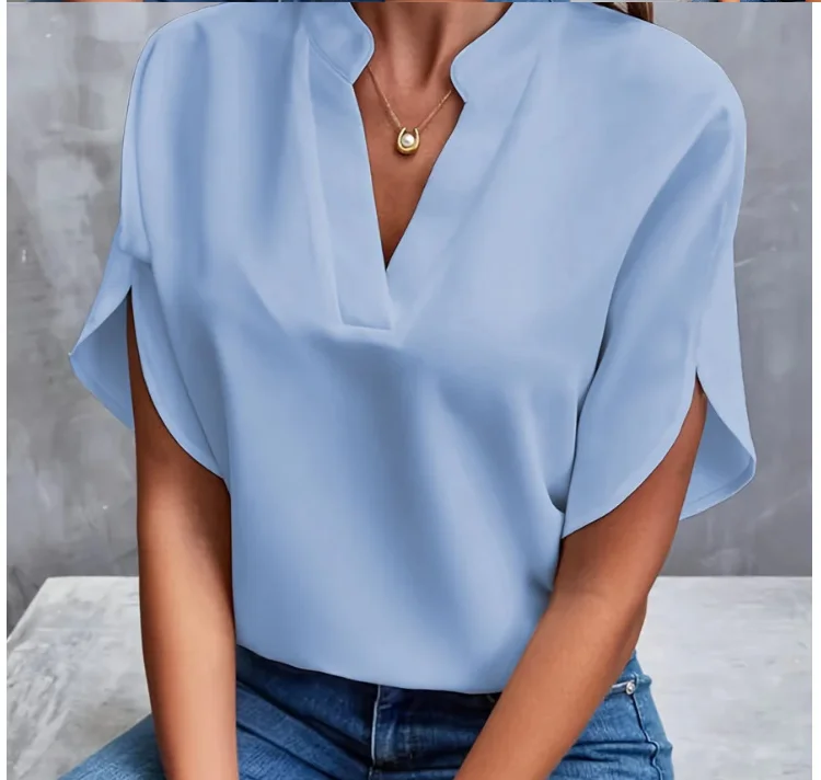Summer Elegant Women's Blouse New V-neck Short Sleeve Solid Color Loose Shirt Casual White Tops Office Lady Blouses - Image 2