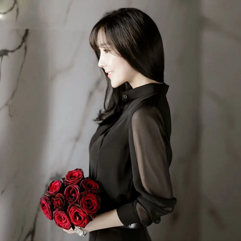 Women's Black Vintage Chiffon Blouses Spring Summer Gauze Long Sleeves Stand Collar Wild Fashion Elegant Women Pullover Shirt - Image 3