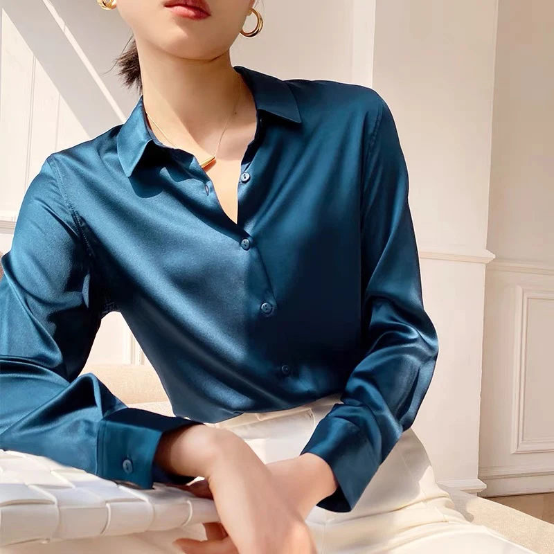 Spring Autumn Elagant Satin Women's Blouse 2025 New Long Sleeve Turn-down Collar Korean Casual Loose Office Lady Shirts Female - Image 5