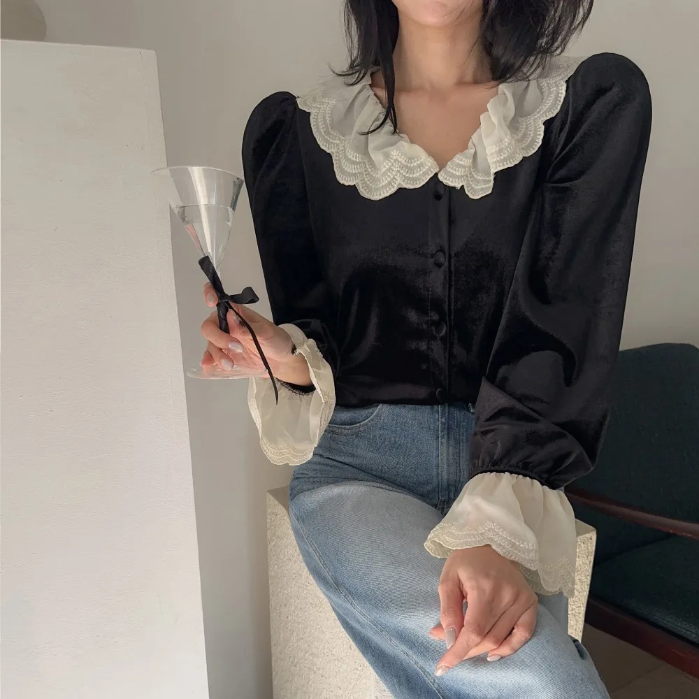 Early Spring Black Velvet Top For Women, New Style, Absolutely Beautiful Lace Trim, Flared Sleeves, Princess Style Shirt - Image 3