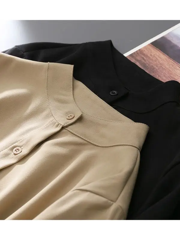 Spring New Style Lantern Sleeve White Shirt Women Long-sleeved Grinding Top Korean Style Loose Stand Collar Puff Sleeve Cardigan - Image 6