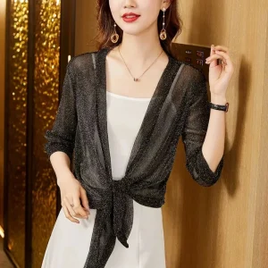 Fashion Glitter Tie Up Open Front Shrug Ladies Shawl Cropped Beach Summer Sun Protection Clothing Air-Conditioning Shirt