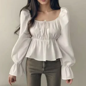 2025 Fashion New Ruffle White Long sleeved Women's Blouses Square Neck Sexy Short Shirt Korean Style Flare Sleeve Sweet Tops
