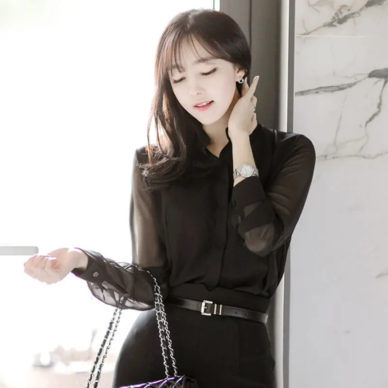 Women's Black Vintage Chiffon Blouses Spring Summer Gauze Long Sleeves Stand Collar Wild Fashion Elegant Women Pullover Shirt - Image 2