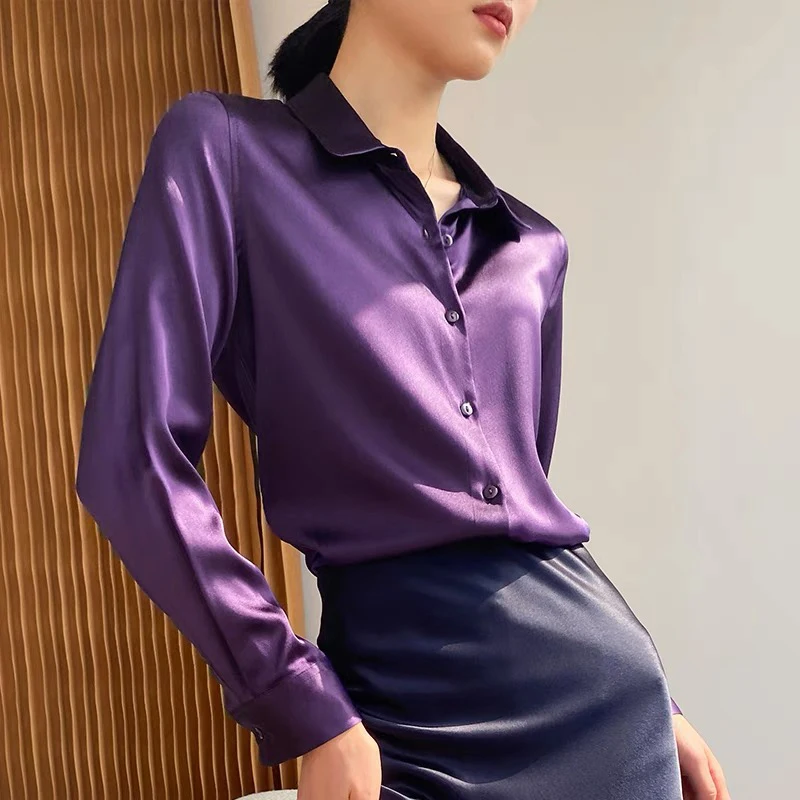 Spring Autumn Elagant Satin Women's Blouse 2025 New Long Sleeve Turn-down Collar Korean Casual Loose Office Lady Shirts Female - Image 2