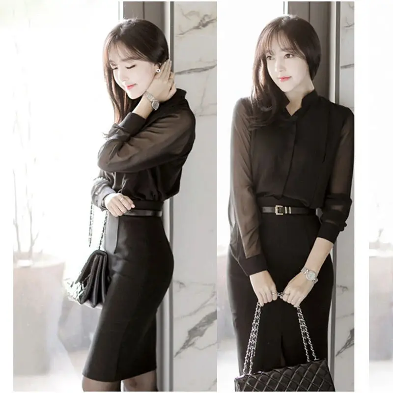 Women's Black Vintage Chiffon Blouses Spring Summer Gauze Long Sleeves Stand Collar Wild Fashion Elegant Women Pullover Shirt - Image 5