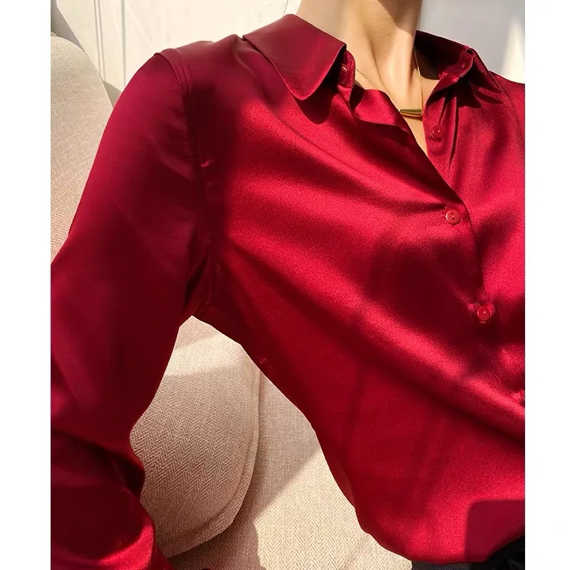 Spring Autumn Elagant Satin Women's Blouse 2025 New Long Sleeve Turn-down Collar Korean Casual Loose Office Lady Shirts Female - Image 6