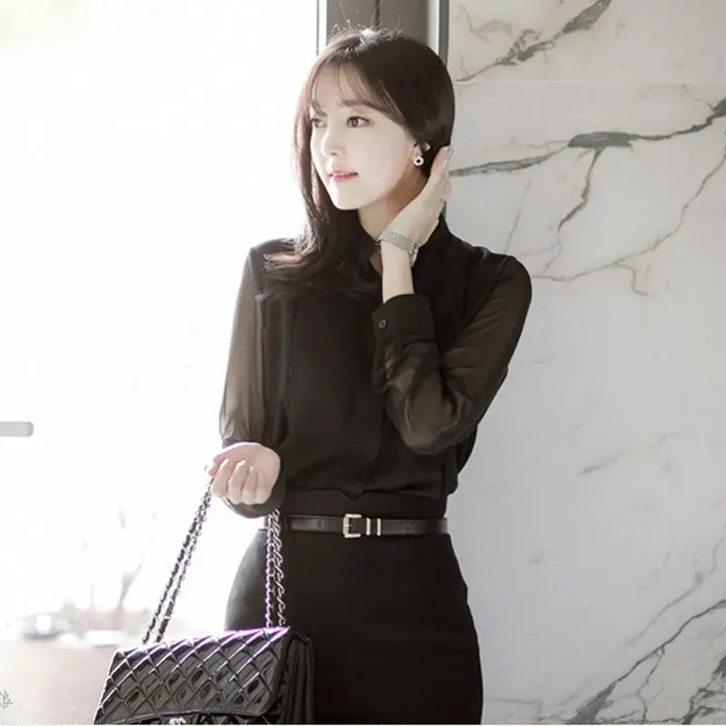 Women's Black Vintage Chiffon Blouses Spring Summer Gauze Long Sleeves Stand Collar Wild Fashion Elegant Women Pullover Shirt - Image 4