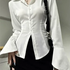 Sexy Slim Flared Sleeve Women's Shirt Solid Lapel Single-breasted Back Bandage Tunic Female Blouses Spring Trend New Lady