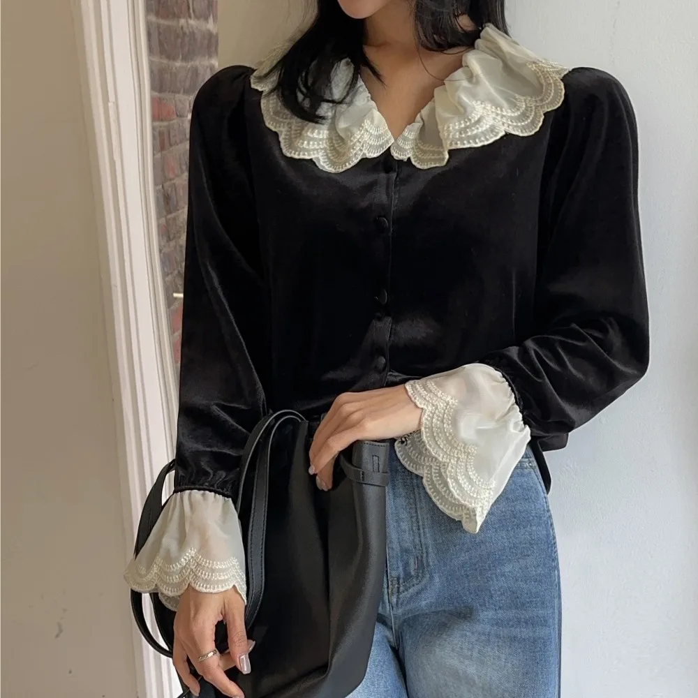 Early Spring Black Velvet Top For Women, New Style, Absolutely Beautiful Lace Trim, Flared Sleeves, Princess Style Shirt - Image 2