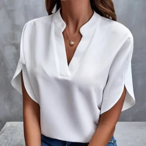 Summer Elegant Women's Blouse New V-neck Short Sleeve Solid Color Loose Shirt Casual White Tops Office Lady Blouses