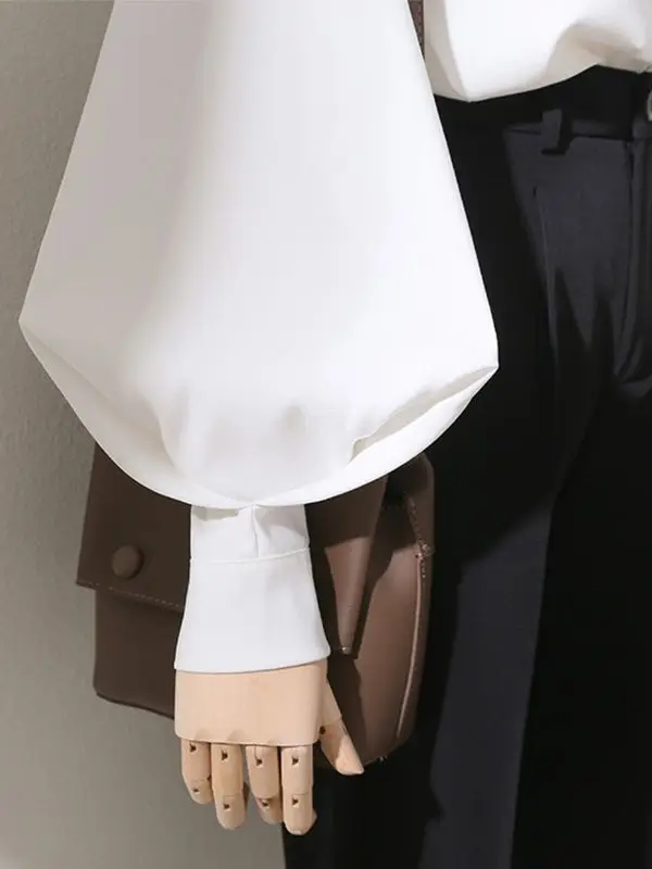 Spring New Style Lantern Sleeve White Shirt Women Long-sleeved Grinding Top Korean Style Loose Stand Collar Puff Sleeve Cardigan - Image 5