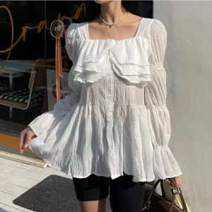 2026 Early Spring Fairy-Like Fluttering Ruffle, Square Neck, Flared Sleeve Design, Mid-Length, Long-Sleeved Shirt for Women