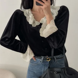 Early Spring Black Velvet Top For Women, New Style, Absolutely Beautiful Lace Trim, Flared Sleeves, Princess Style Shirt