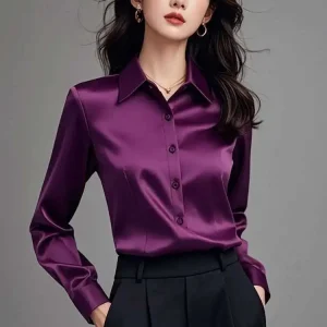 Elegant Silk Office Shirts Women Korean Fashion Y2k Clothes Slim Long Sleeve White Black Blusas Mujer Workwear Tops Blouses LS84