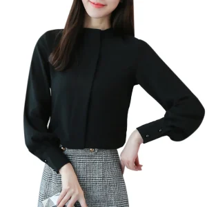 Women Chiffon Shirt Solid Color Long Sleeves Blouse Girls Stand Collar Tops