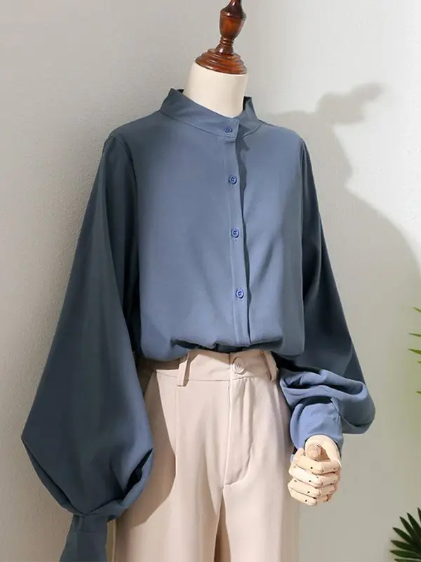 Spring New Style Lantern Sleeve White Shirt Women Long-sleeved Grinding Top Korean Style Loose Stand Collar Puff Sleeve Cardigan - Image 2