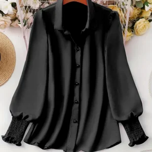 Plus Size 2025 Spring and Summer New Women's Casual Puff Sleeve Blouse Solid Color Suitable for Office Outdoor Single Breasted
